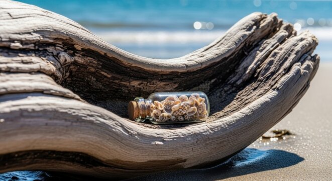 A small glass bottle filled with seashells rests within the curve of weathered driftwood on a sunny beach with the ocean in the background.