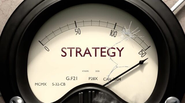 Strategy meter showing big levels of strategy. Dangerously increasing high values of strategy, critical overload. Too much, off the charts. Max strategy