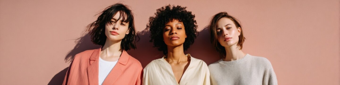 Three adult female models caucasian african caucasian standing in sunlight against peach wall wearing light jackets and neutral tones