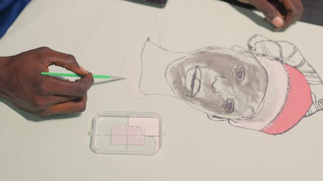 Black painting portrait final reveal shows black artist finishing details, bold pink cap accent, last brush and signature motion, tabletop studio display ready for gallery or gift, upbeat finishing