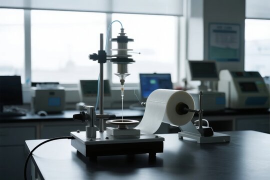 Laboratory equipment conducting material testing with a rotating drum and paper roll in a research setting