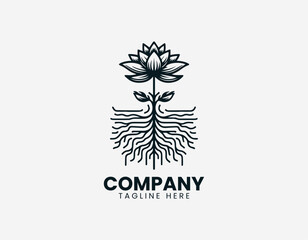 Fototapeta premium Lotus flower with long roots representing natural growth balance and harmony concept in clean minimalist black vector illustration style on white background