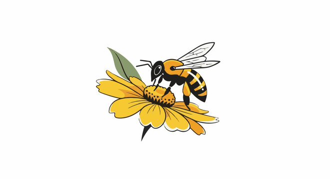 A yellow bee lands on a bright yellow flower with green leaves