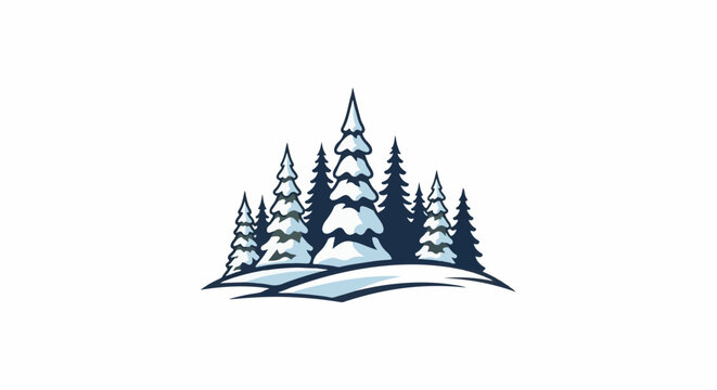 Snow-covered evergreen trees stand on rolling hills