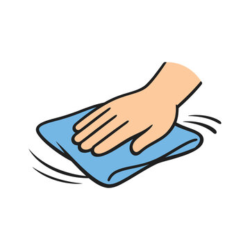 Hand wiping a surface with a blue cloth to clean it, shown in a simple cartoon style icon.