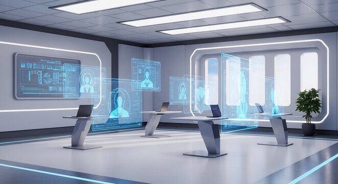 Futuristic Command Center with Holographic Displays and Modern Desks.