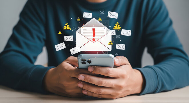 A person holding a smartphone with warning signs and emails floating above