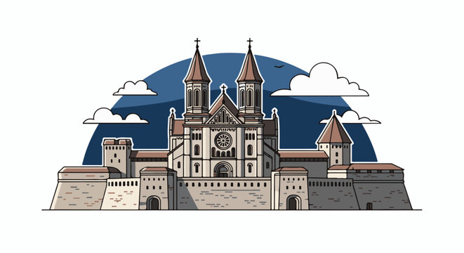 Pixel art depiction of a majestic cathedral with fortified walls and towers