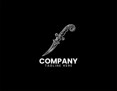 Ornate curved dagger fantasy weapon black vector logo illustration isolated on white background