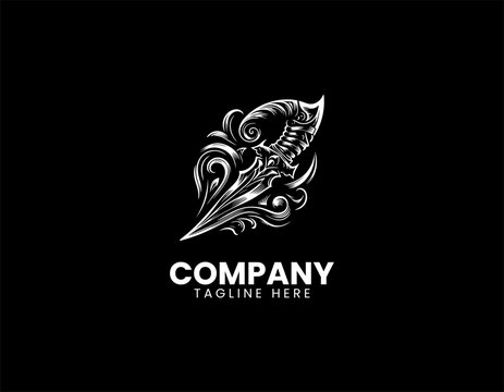 Ornate curved dagger fantasy weapon black vector logo illustration isolated on white background