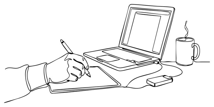 Continuous one line drawing of graphic designer handwriting with a stylus on tablet next to laptop, coffee mug and external drive, Vector illustration