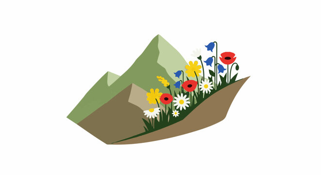 Stylized mountainsides with colorful wildflowers