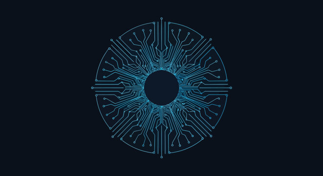 Abstract blue circuit board pattern resembling a digital eye or mandala, representing technology and connection on a dark blue background.