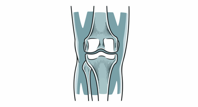 Stylized illustration of a human knee joint, showing femur and tibia bones