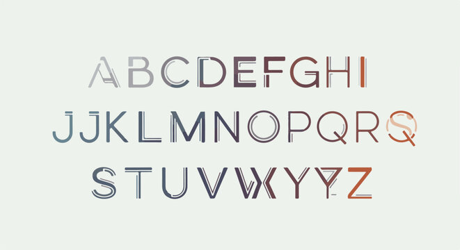 Uppercase letters A-Z presented in a gradient color palette with stylized linear designs