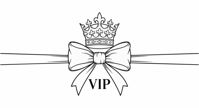 Elegant black and white illustration of a crown atop a bow with "VIP" text