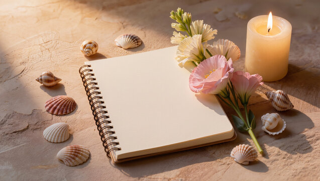 Blank Journal with Seashells and Candle, Ideal for Summer Notes or Relaxation Concept