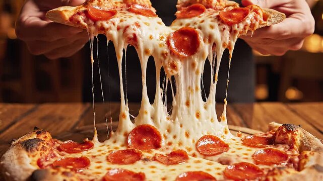 Hands Lifting a Slice of Hot Pepperoni Pizza with Cheese Pull