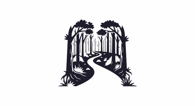 A stylized dark forest scene with a winding path through trees