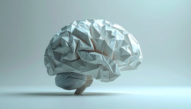Human brain made from folded white origami paper, minimal creative concept