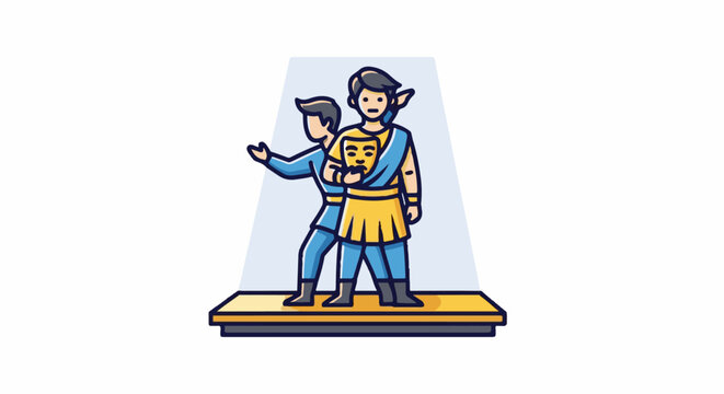 Two figures, one holding a mask, on a stage under a light