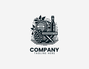 Fototapeta premium Wooden barrel with wine bottle glass and grapes representing vineyard tradition and beverage lifestyle in clean minimalist black vector illustration style on white background