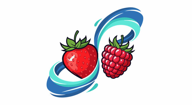 A red strawberry and a ripe raspberry are surrounded by swirling blue and aqua liquid