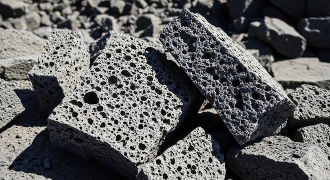 Jagged fragments of vesicular basalt rock, showing porous texture from volcanic origin