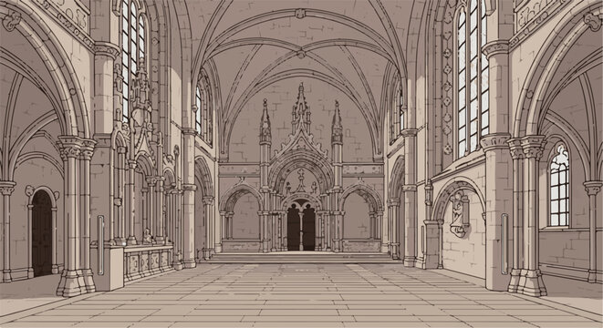 Ornate stone interior with arched windows, vaulted ceiling and grand entrance