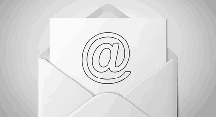 Open white envelope with a paper displaying the @ symbol