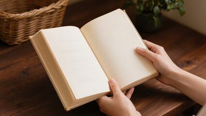 Fototapeta premium Hands Holding Open Book with Blank Pages on Wooden Table
