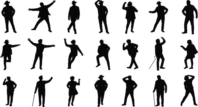 Male dancer silhouettes collection, stylish poses, performance gestures, modern dance moves, isolated black figures illustration set