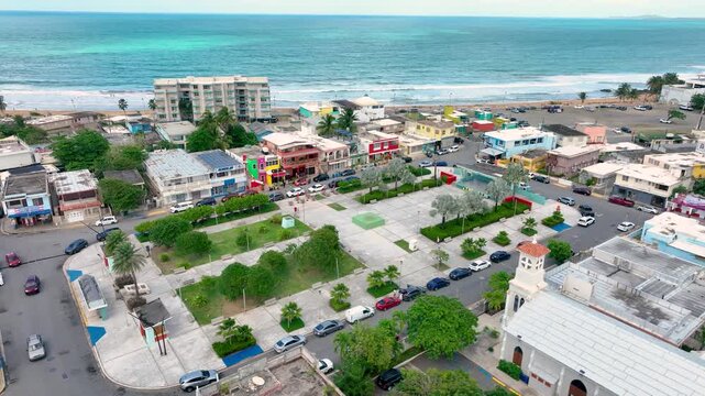 Aerial footage of the Town square and Parroquia San Jose, Luquillo, PR