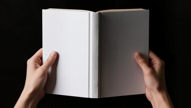 Hands Unfold Blank White Book against Dark Background