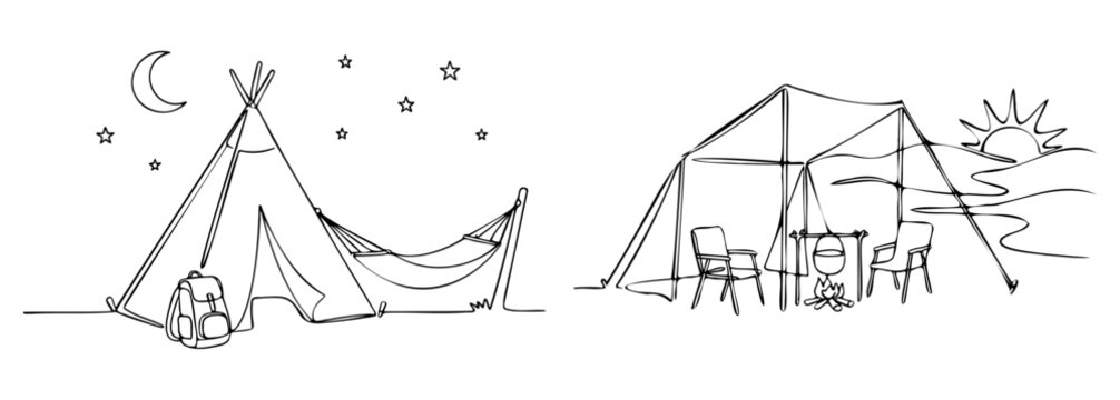Line art set of outdoor camping scenes with a teepee tent under stars and campfire kitchen at sunrise, Vector illustration
