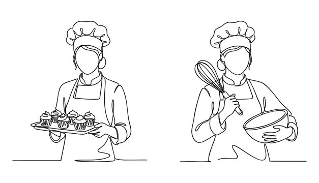Modern single line illustration of woman baker wearing chef hat mixing ingredients with a whisk, Vector illustration
