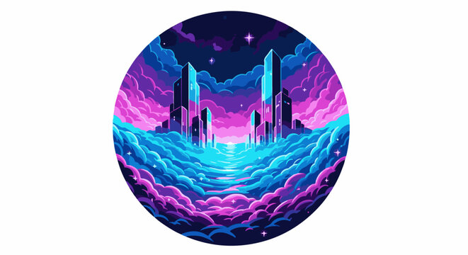 Pixelated cityscape emerges from a vibrant cloudscape under starlit skies