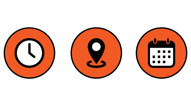 Calendar clock and location pin icons representing time date and place