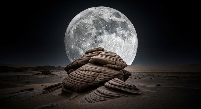 Gigapixel view of a colossal moon showcasing its detailed surface textures above a rugged, rocky desert landscape