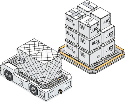 Isometric Illustration of Air Cargo Logistics with ULD Containers and Pallet Loader Vehicle for Global Freight and Supply Chain Industry