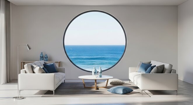 Modern interior with ocean view from round window design concept