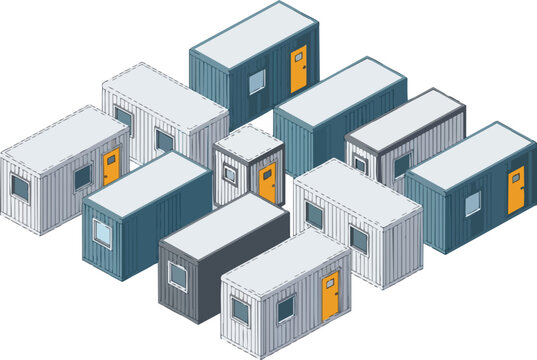 Isometric Modular Container Units for Construction Site Office and Temporary Portable Housing, Vector Illustration of Prefabricated Cabin Modules on White Background