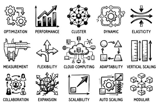A set of scalable vector graphics icons illustrating cloud computing concepts on transparent background
