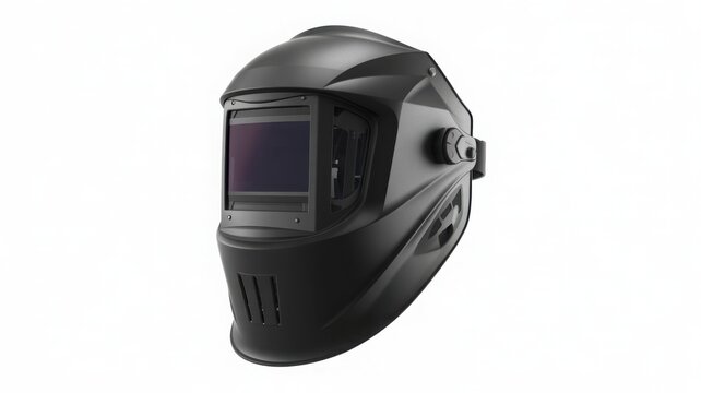 A black welding helmet with a dark face shield