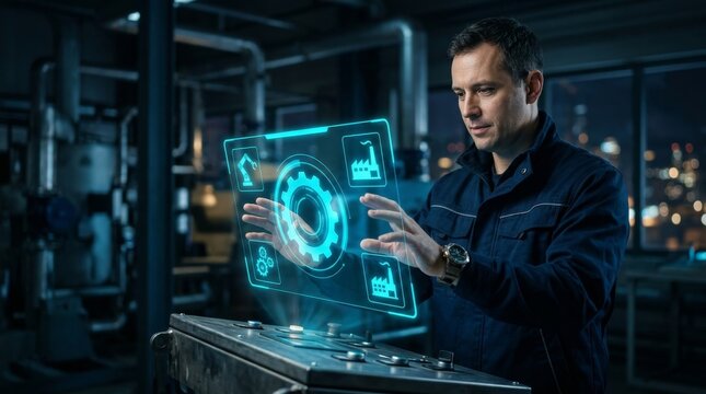 An engineer interacts with a holographic control panel displaying various industrial icons