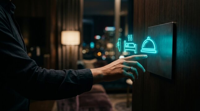 Hand interacting with a digital interface showing room service icons in a modern setting