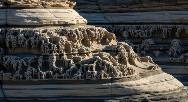Intricate and porous rock formations showcasing the artistry of natural erosion patterns etched into sedimentary layers of arid terrain.