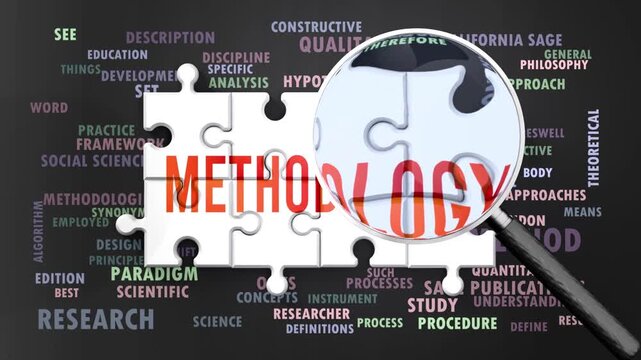 Methodology under magnifying glass, being researched, studied and examined. Most important subjects and ideas closely related to methodology written around a puzzle.Can be looped.
