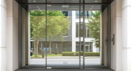Fototapeta premium Modern glass entrance with lush greenery and building facade
