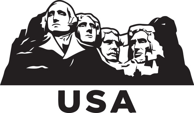 Bold black and white vector illustration of Mount Rushmore, featuring four presidential faces carved into the mountain, representing American history and patriotism.